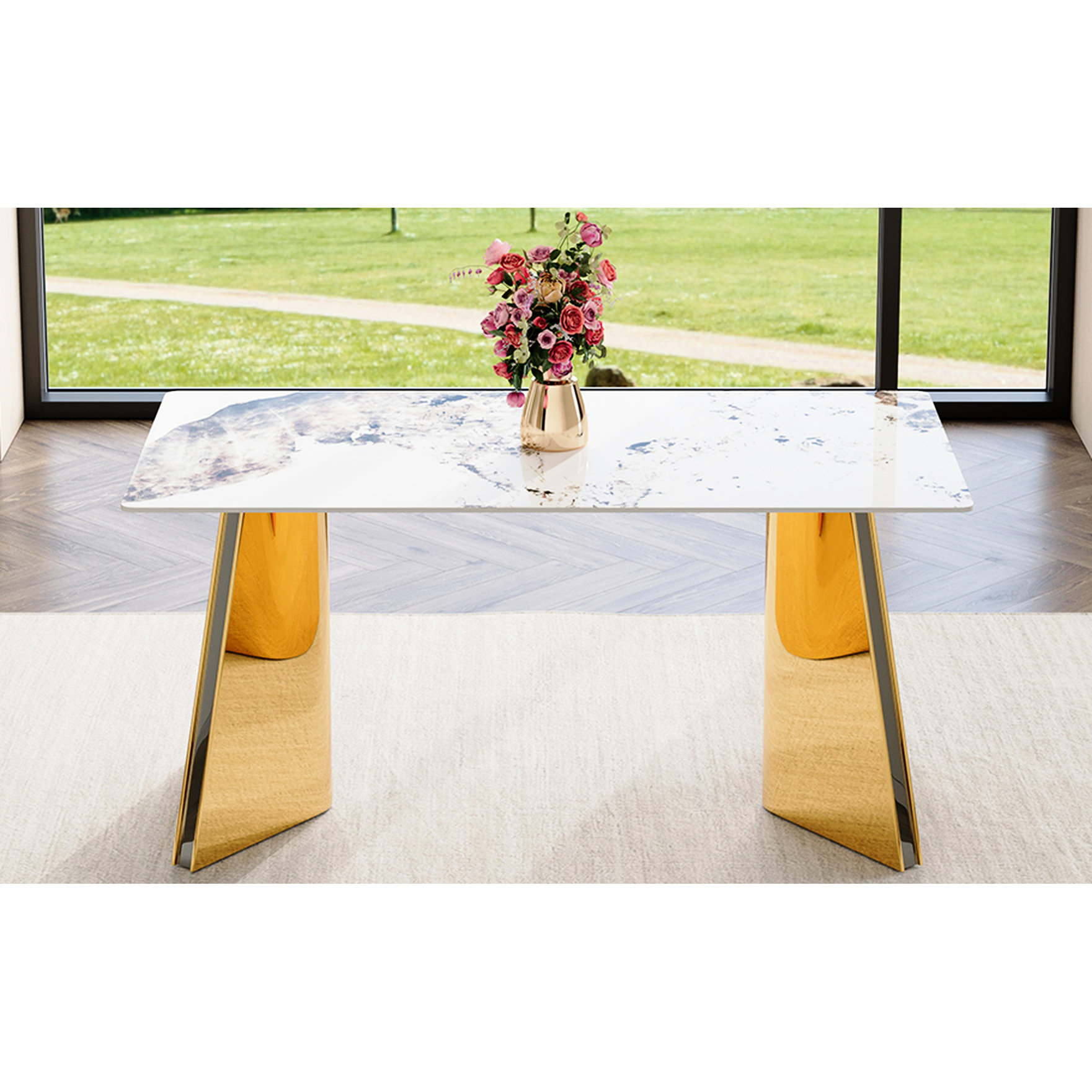 Mercer41 63"x31.5"x30" Dining Table With Golden Stainless Steel Legs ...