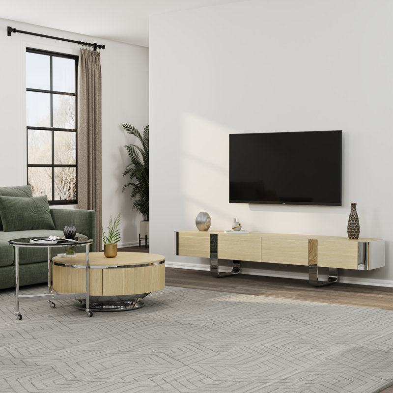 Meuble télé 79 po avec ensemble de 2 tables basses gigognes en bois entièrement assemblé, Bois naturel / argent