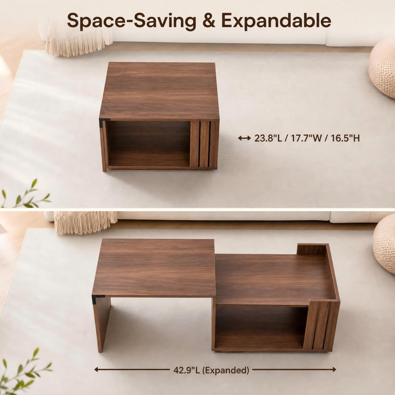 Table basse extensible en noyer avec rangement dissimulé, table basse moderne pour canapé, noyer, Noyer