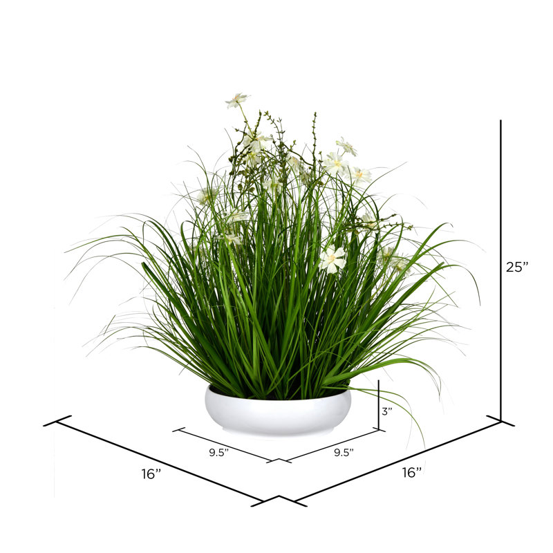 Cosmos artificiel en pot et herbe artificielle, H 25 po x l 16 po x P 16 po