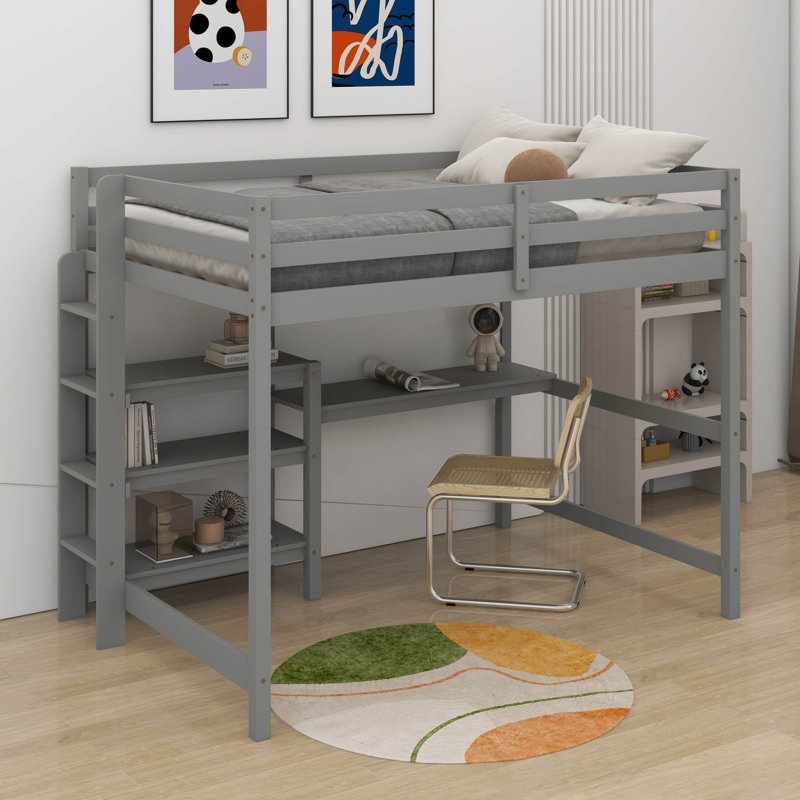 Wooden Loft Bed With Shelves, Desk And Writing Board, Gray, Full