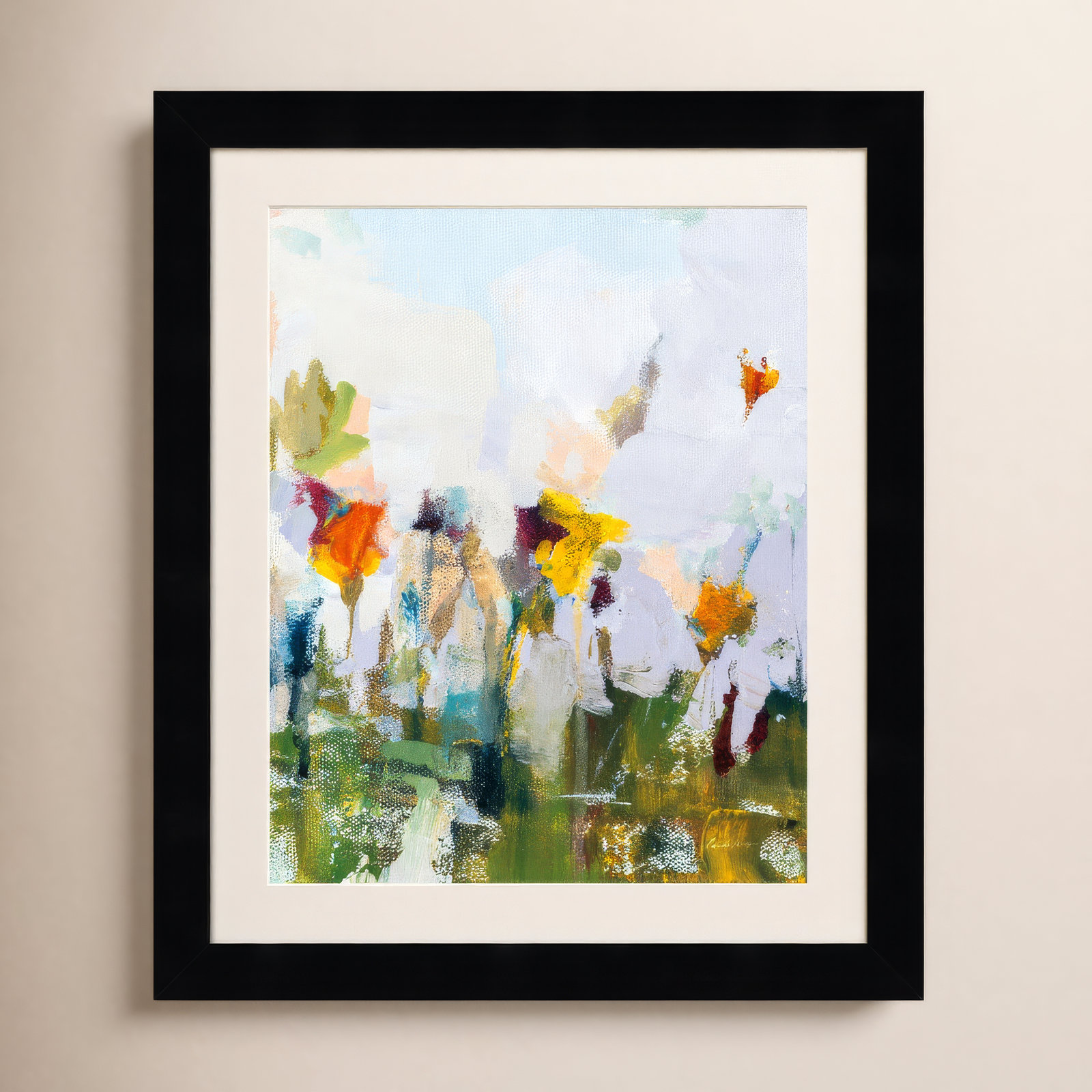 Spontaneous Summer Flowers Painting, 13.17" H x 11.17" W x 0.88" D, Black