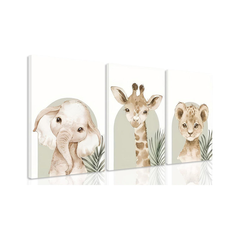 Nursery Canvas Wall Art Set Of 3 Baby Boy Girls Kids Room Picture Wall Decor Jungle Safari Lion Elephant Giraffe Poster Painting Cute Animal Prints For Children Toddlers Bedroom 12x16 Framed