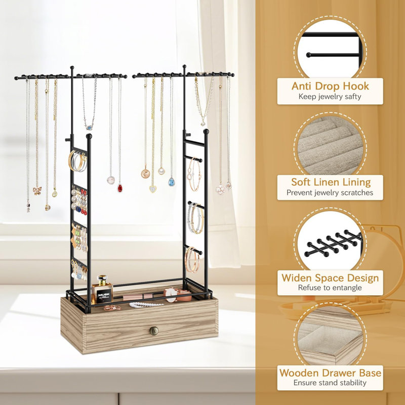 Support à bijoux en métal pour porte-bagues, anneau de présentation de colliers avec tiroir en bois, très grand support de rangement, grande tour pour l'espace de la commode