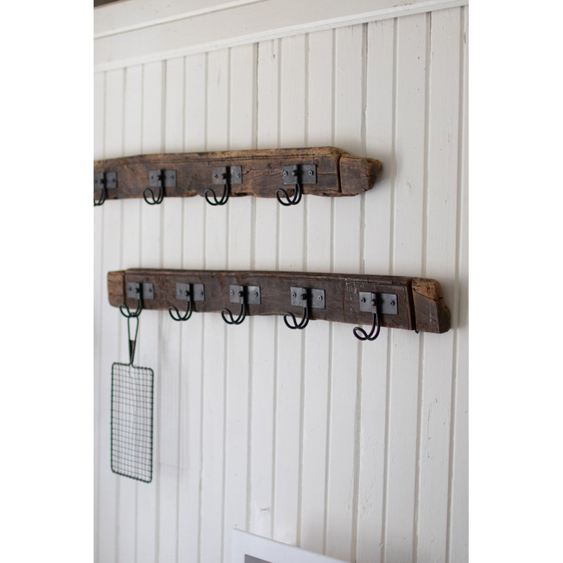  Recycled Wood Coat Rack with Five Wire Hooks, 4" Tall, (Set of 2) Distressed Finish