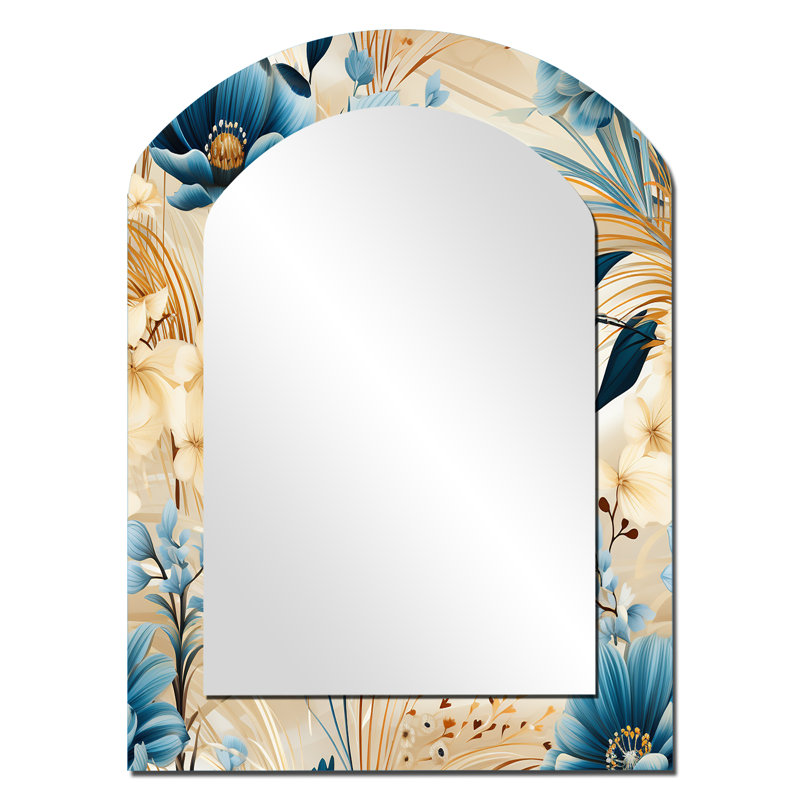 Beige And Blue Escape Flowers - Large Arched Wall Mirror On Metal, 34" x 25"
