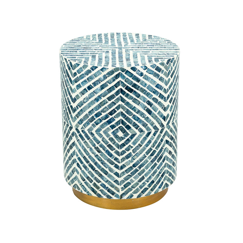 Tabouret d'appoint rond de 11 livres avec motif bleu et blanc, base dorée, assise supplémentaire dans le vestibule 14 x 14 x 18 po, base