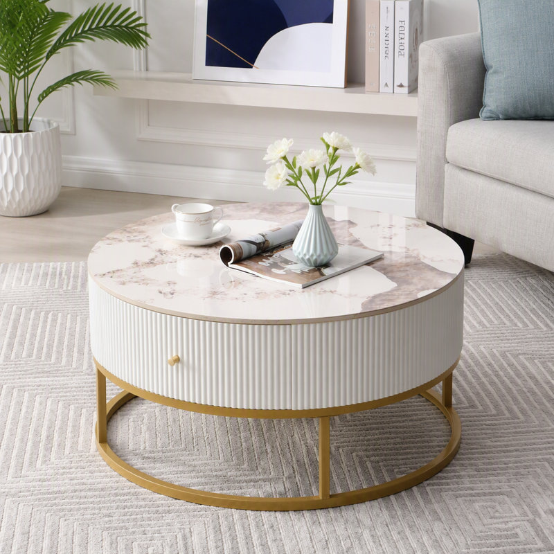 Table basse ronde moderne avec tiroirs et revêtement en faux marbre
