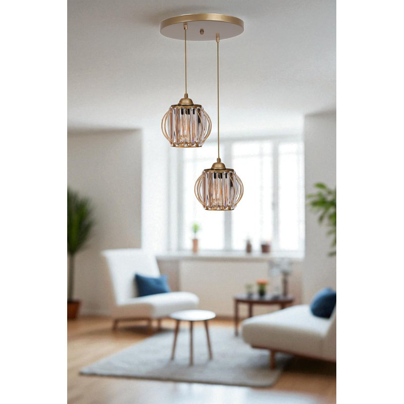 Élégant lustre en métal doré, hauteur réglable, 7,5 po x 19,7 po | Corps en métal durable et capuchon en verre, 2 x douilles E27 (40 W maximum) | pour la salle à manger et le vestibule, luminaire élégant pour les maisons modernes