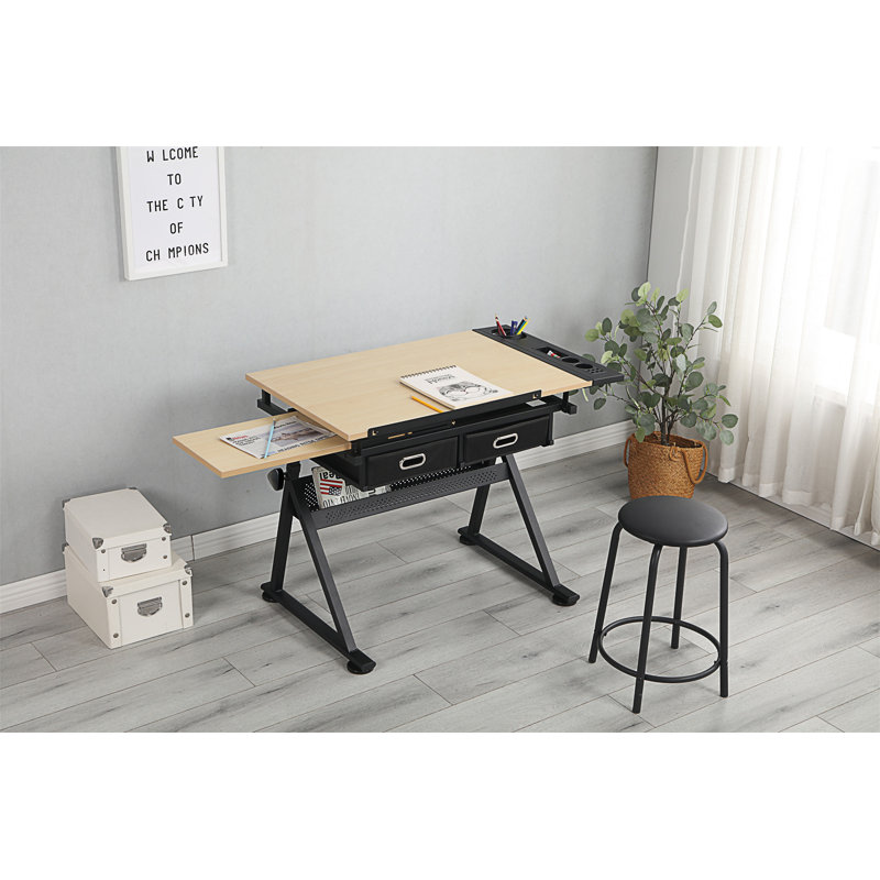 Adjustable Drawing Drafting Table Desk With 2 Drawers For Home Office And School With Stool