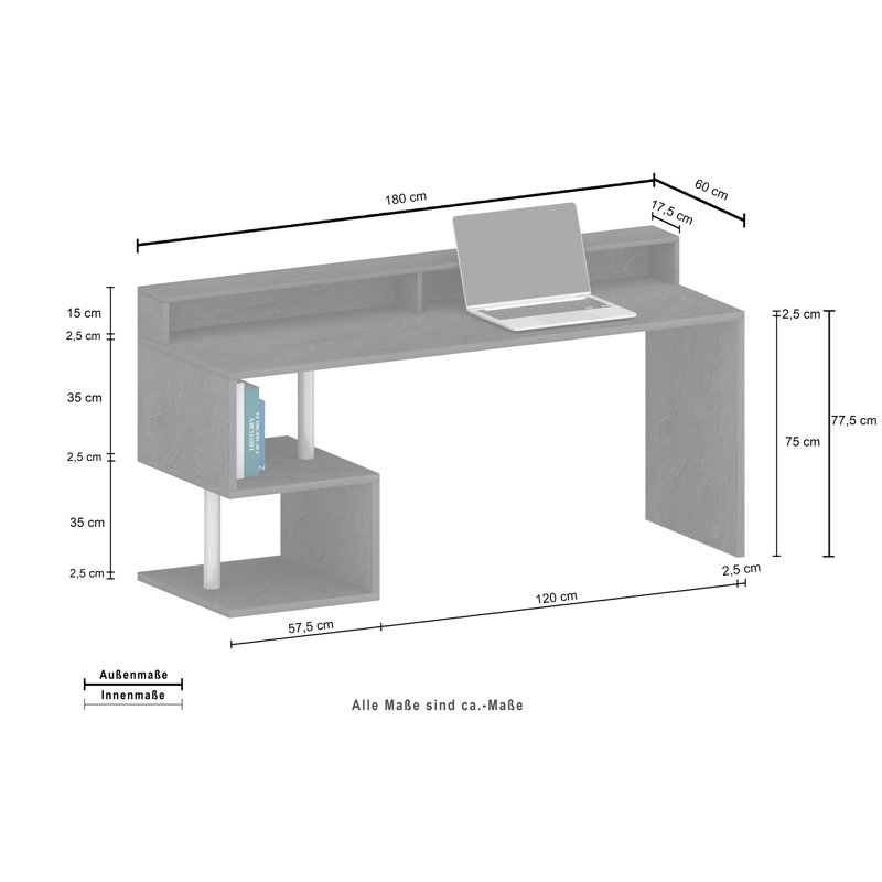 Nang Computer Desk, Grey, 92.50cm H x 180cm W x 60cm D