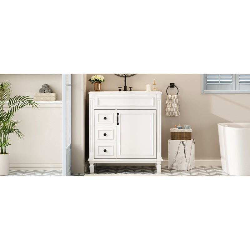 Meuble-lavabo de 30 po avec lavabo en céramique, poignées à boutons d'inspiration rétro et tablette réglable permettant d'économiser de l'espace dans des espaces compacts.