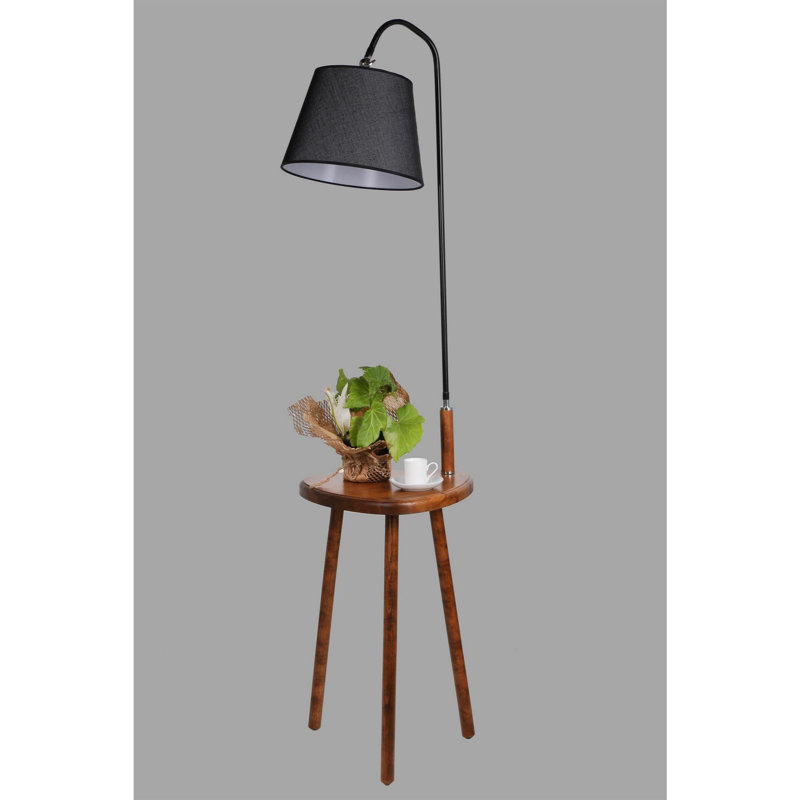 Luro Elegant Floor Lamp with Wooden Table, Black & Walnut Finish, 63.0 inches Tall | Metal Body, 14.6 x 14.6 inches Table | E27 Socket, Max 60W | On/Off Switch on Cable | Modern Design for Living Room & Office