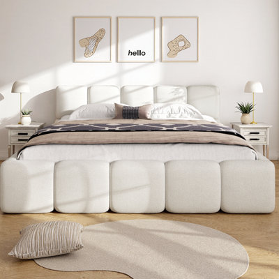 King Size Platform Bed with Boucle Headboard and Footboard, Upholstered Grounded Block Design, Solid Wood Support, No Box Spring Needed, 800 lb Capacity