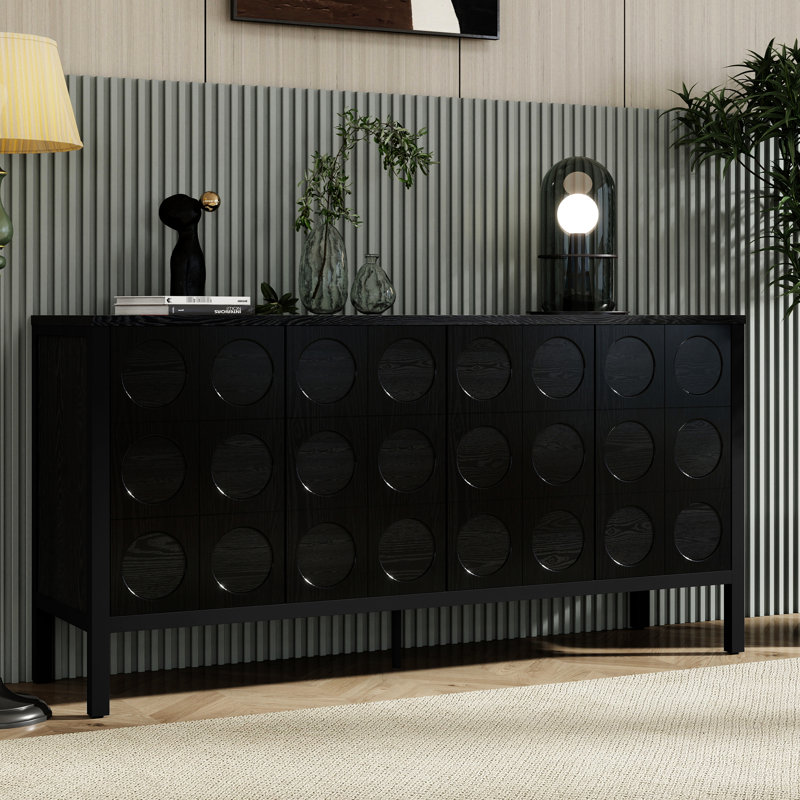 Buffet noir en bois avec porte à cercles géométriques - Convient à l'entrée, au salon et au rangement réglable, à cinq rangements robustes dans l'espace, fabrication stable