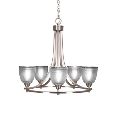 Lustre 5 lumières Paramount illustré en finition nickel brossé avec verre côtelé transparent de 5 po