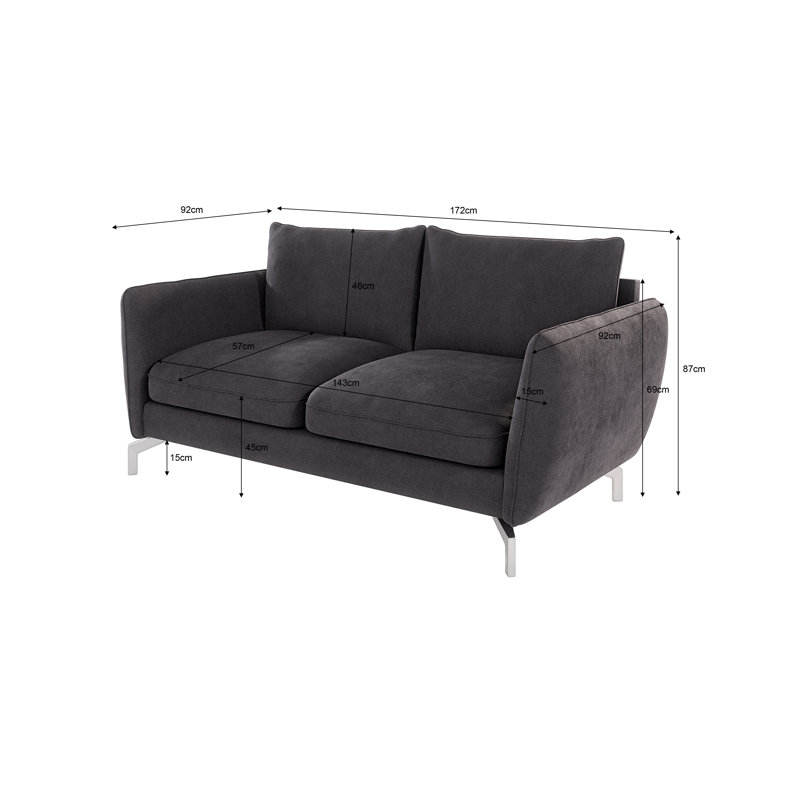 Modern Sofa 2 Seater  with Silver Metal Legs, Graphite
