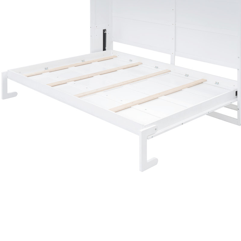Lit double blanc avec armoires murales, peu encombrant pour les chambres d'amis, compartiments de rangement de taille de support de matelas flexible, espaces de vie multi-activités idéaux, configuration absorbante