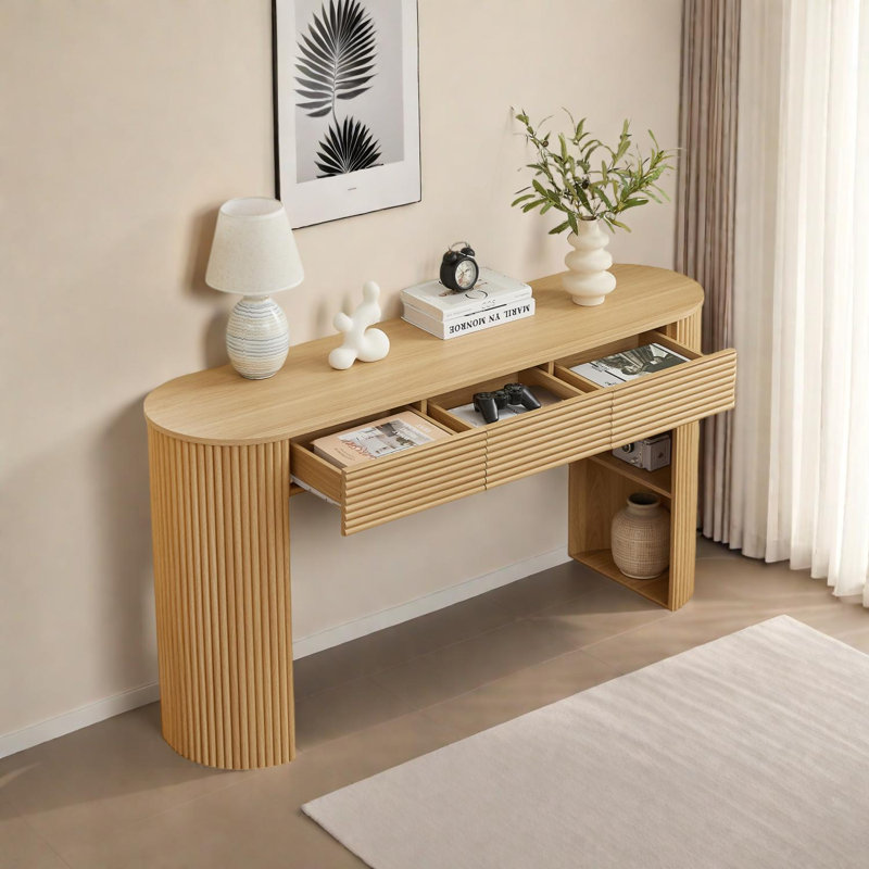 Console rétro avec rangement et conception à lattes rondes, Bois naturel