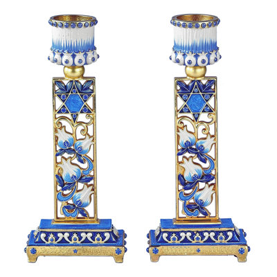 Monther Blue Jeweled Pomegranate Shabbat Candlestick Holders In Gift Box