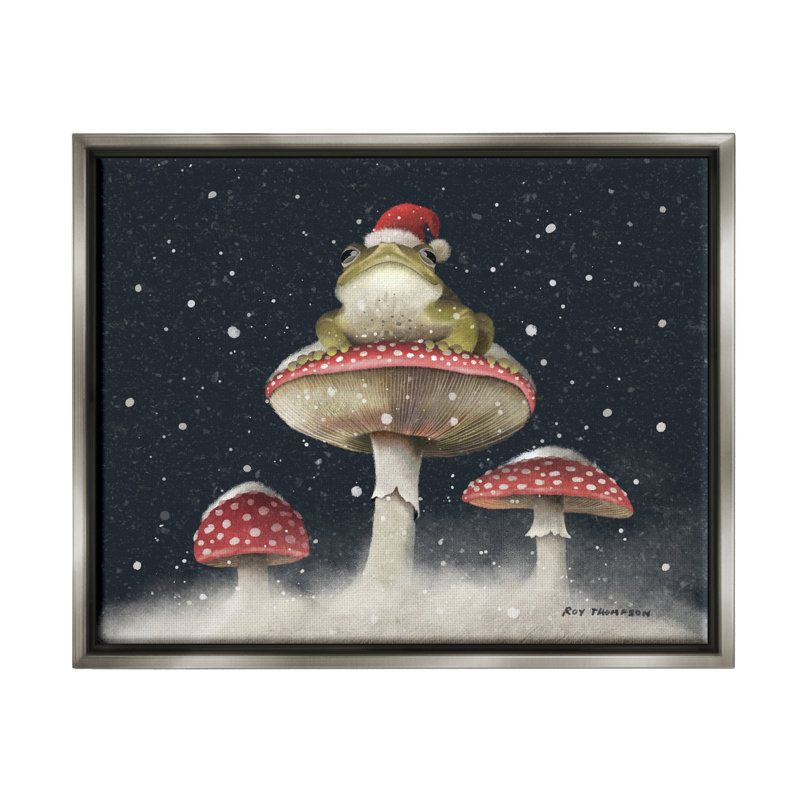 «Frog In Santa Hat Snowy Mushroom» par Roy Thompson, peinture, H 17 po x l 21 po x P 1,7 po, Cadre flottant gris lustré