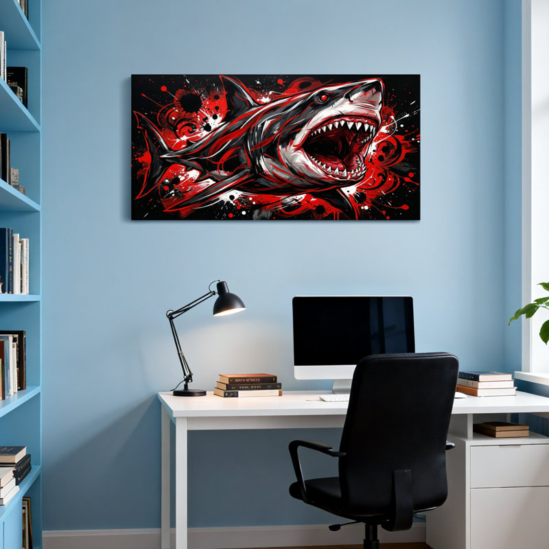 Animals Red Shark With Open Mouth And Splatter Design, 28" H x 58" W
