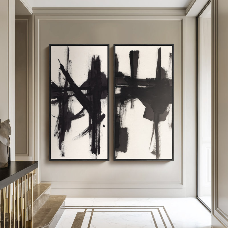 Grand ensemble d'art mural encadré en toile - noir, effet abstrait coup de pinceau, impressions minimalistes modernes - 60 po x 30 po x 2 pièces