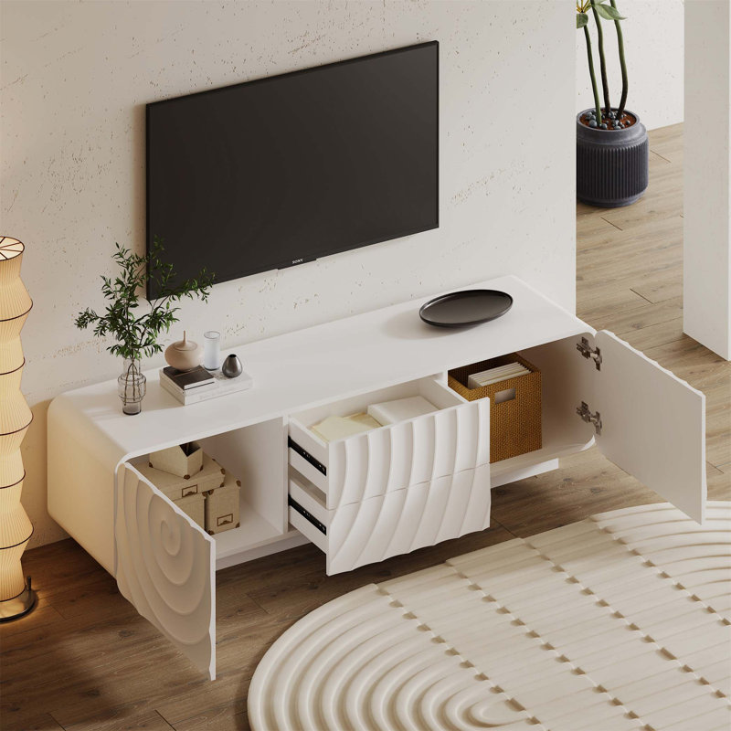 Console de télévision de 58 pouces avec conception unique à spirale ondulée, armoire de rangement et 2 tiroirs pour les espaces de vie modernes