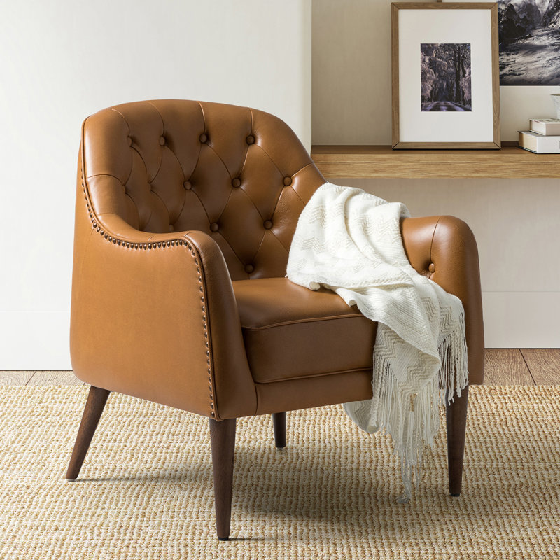 Rhinehart 28.5" Wide Genuine Leather Barrel Chair, Camel Genuine Leather