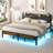 King Upholstered Bed Frame With LED Lights & Storage Headboard, Metal Platform Bed with Charging Station, No Box Spring Needed-1030543744