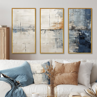 Abstract Blue Beige Road Collage II - Abstract Collages Canvas Wall Art Set