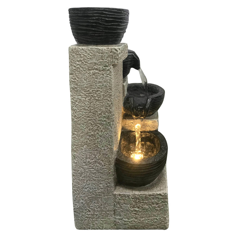 11" Beige and Black Stacking Bowls Fountain with LED Lights