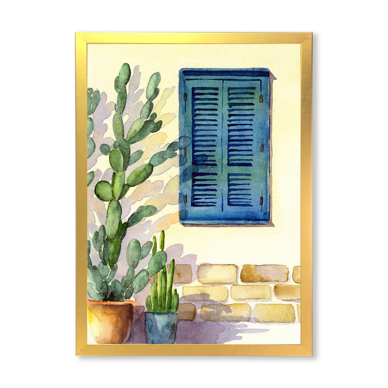 «House Facade With A Window With Turquoise Shutters», reproduction d'art sur toile encadrée, H 12 po x l 20 po, Or