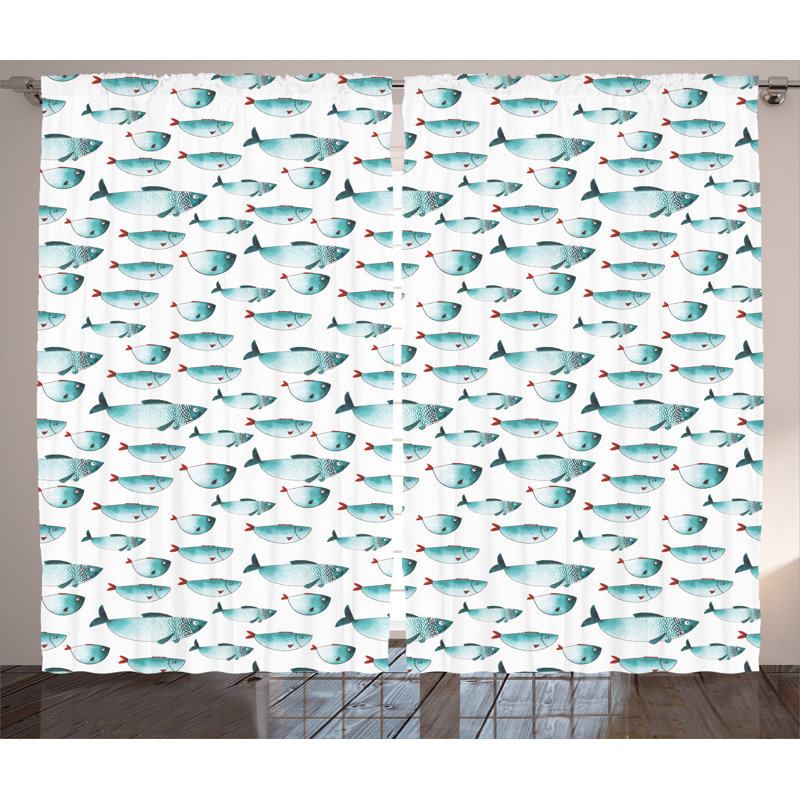 Fish Decor Graphic Print Semi-Sheer Rod Pocket Curtain Panels, 54" W x 84" L
