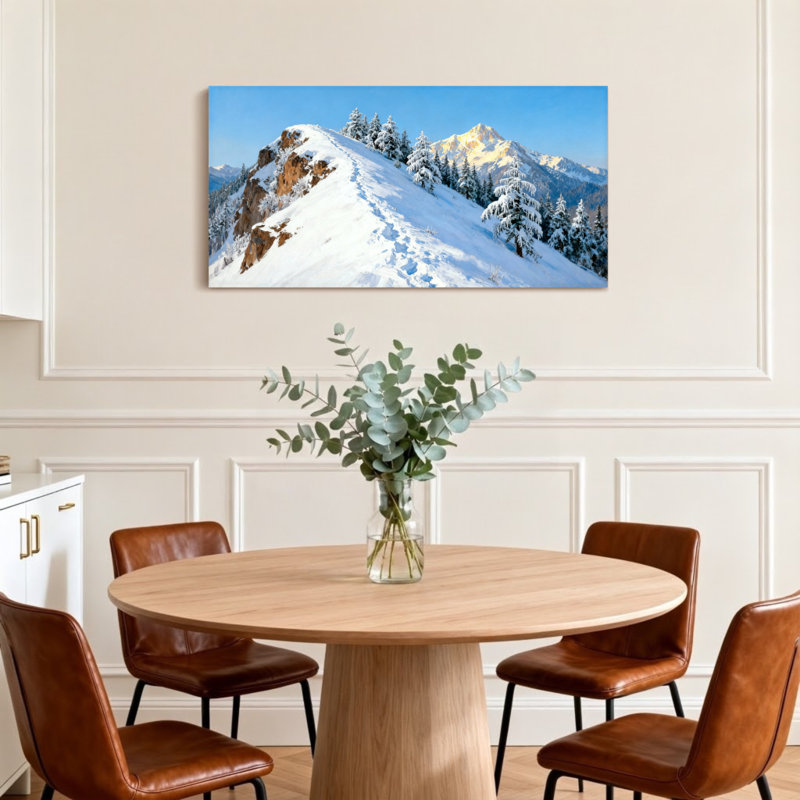 Landscape & Nature Snowy Mountain Peak With Pine Trees, 24" H x 48" W