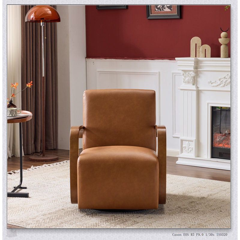 Fauteuil d'appoint pivotant brun rétro - Cuir luxueux luxueux, accoudoirs en bois massif, confort ergonomique pour le salon et le bureau