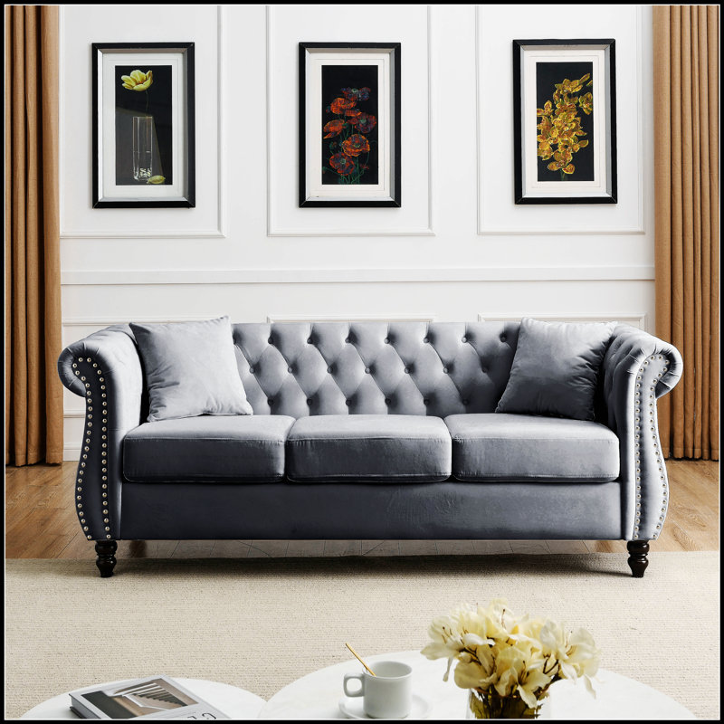 Canapé Chesterfield 80 po en velours gris pour salon, canapé 3 places