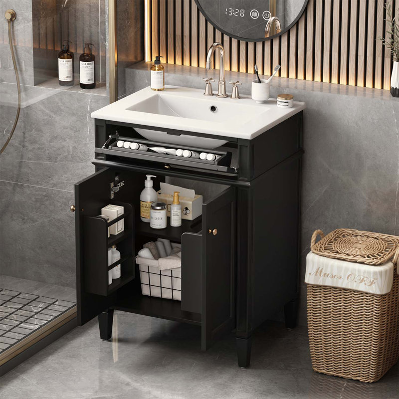 Meuble-lavabo de 24 po avec portes à fermeture en douceur, tiroir rabattable et rangement intégré pour un rangement efficace