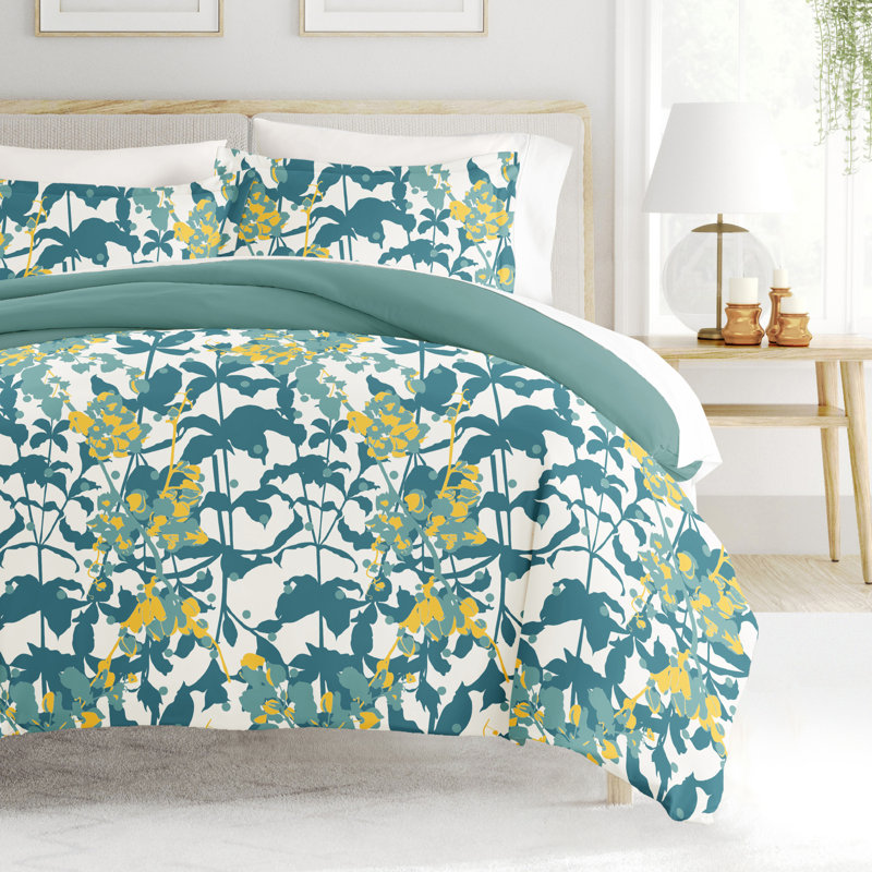 Teal and White Floral Reversible Queen Duvet Cover Set