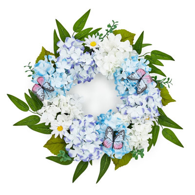 20" Spring Summer Wreaths with Butterfly Rose Daisy and White Hydrangeas Floral for Wedding and Wall Decor