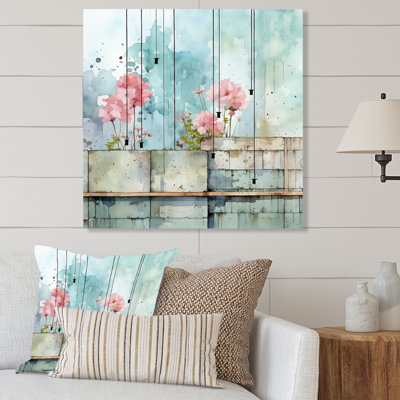 Art floral cubique abstrait bleu et rose - Art mural floral abstrait en métal