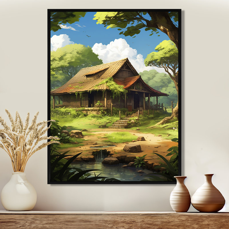 Vieille maison de campagne recouverte de vert profond - art mural paysage, Toile avec cadre flottant noir