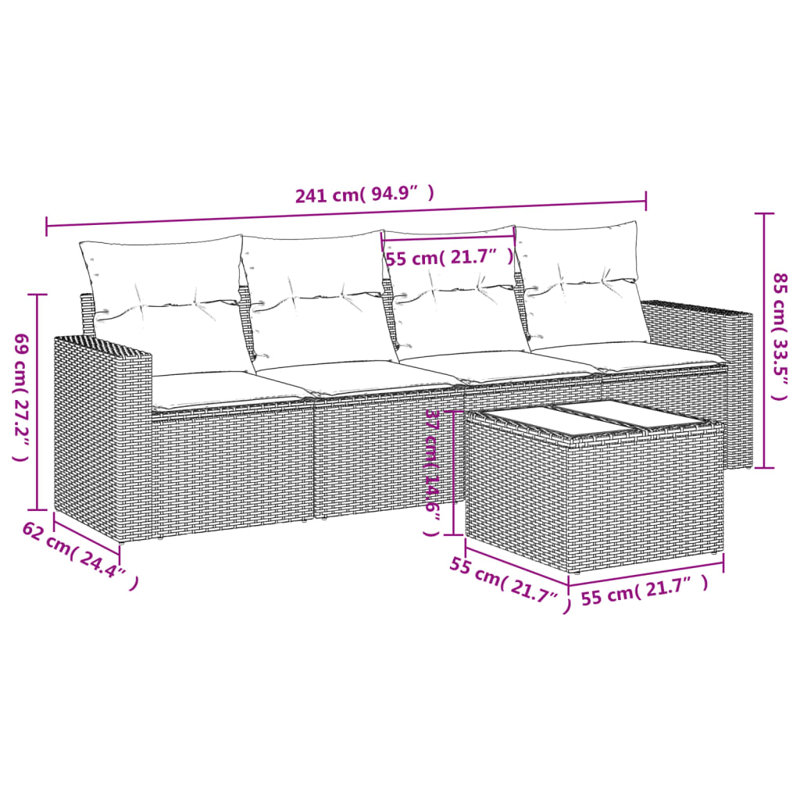 Ensemble de canapé de patio 5 pièces avec coussins en rotin de polyester, Bleu clair, Noir