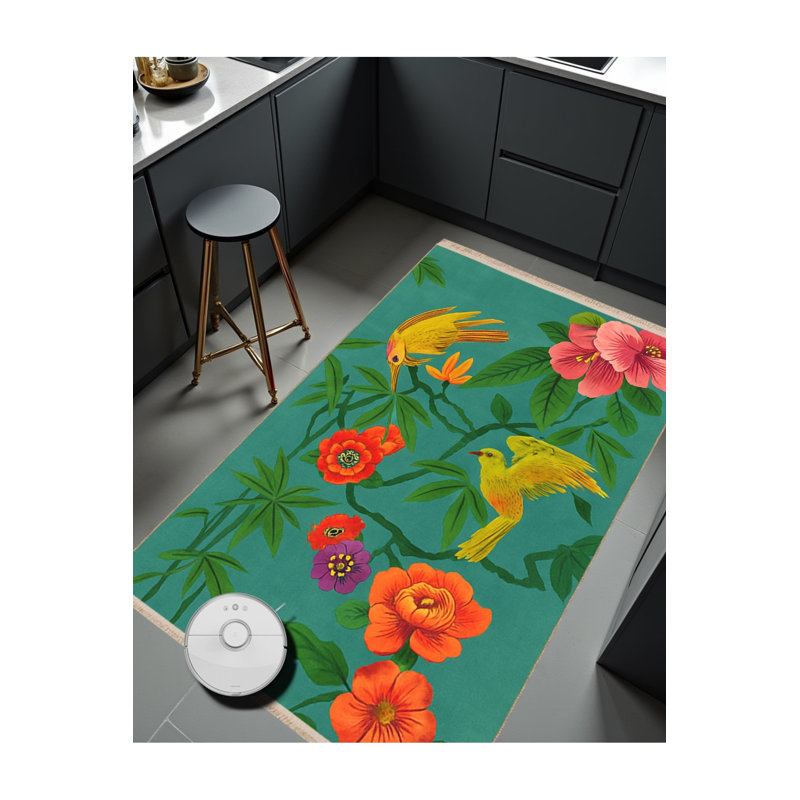 Tapis vert tissé à motif floral lavable Mosso, 2' x 2'11"
