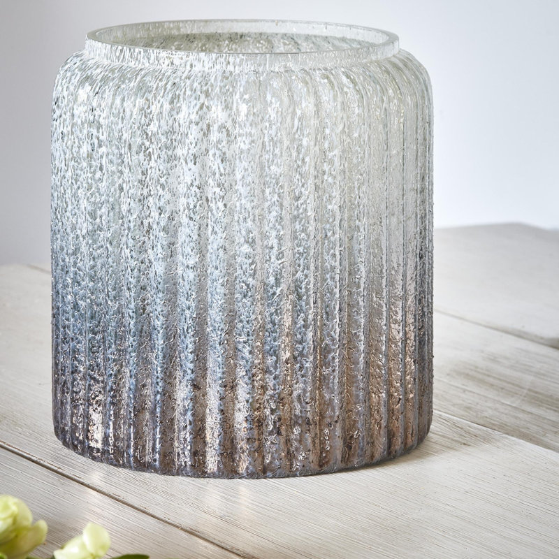 Verre Frosted Ribbed Glass Atlantic Blue Planter Recycled Frosted Glass Ombre Table Vase, 14cm H x 15cm W x 15cm D