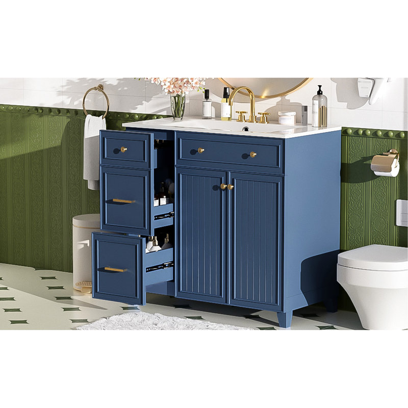 Meuble-lavabo de 36 po avec pied en bois massif, lavabo facile à nettoyer et tiroir à double couche avec tiroir à débordement, portes à fermeture en douceur