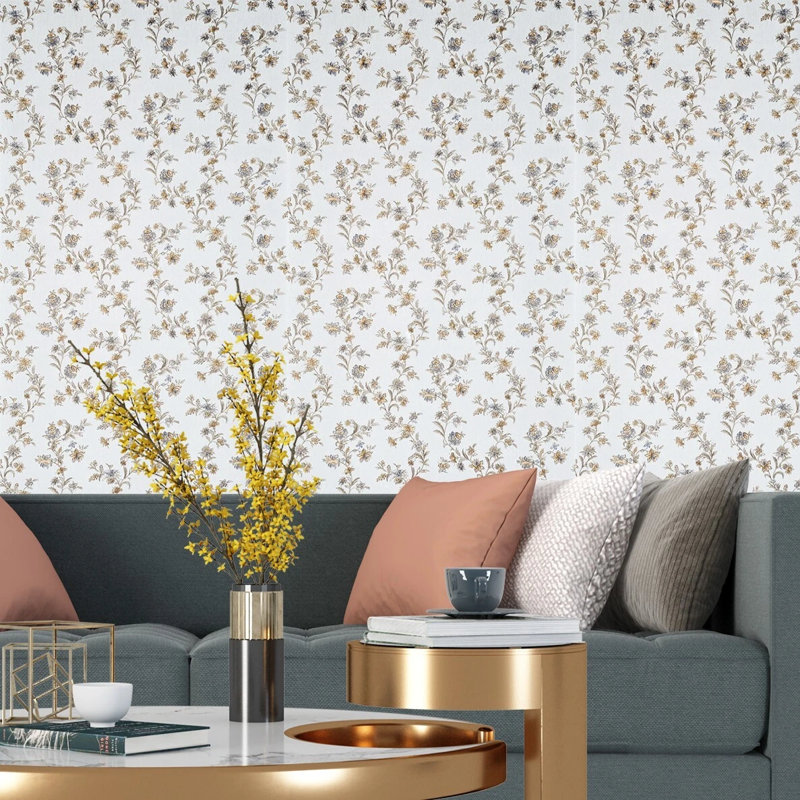 Papier peint en simili tissu botanique avec fleurs bleues et blanc cassé