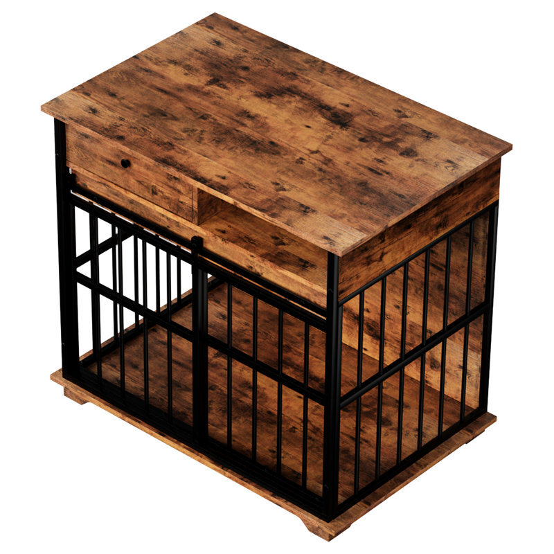 Cage pour chien spacieuse avec plateau et compartiment latéral, assemblage facile, rangement fonctionnel pour l'extérieur, placage vieilli, intérieur moderne