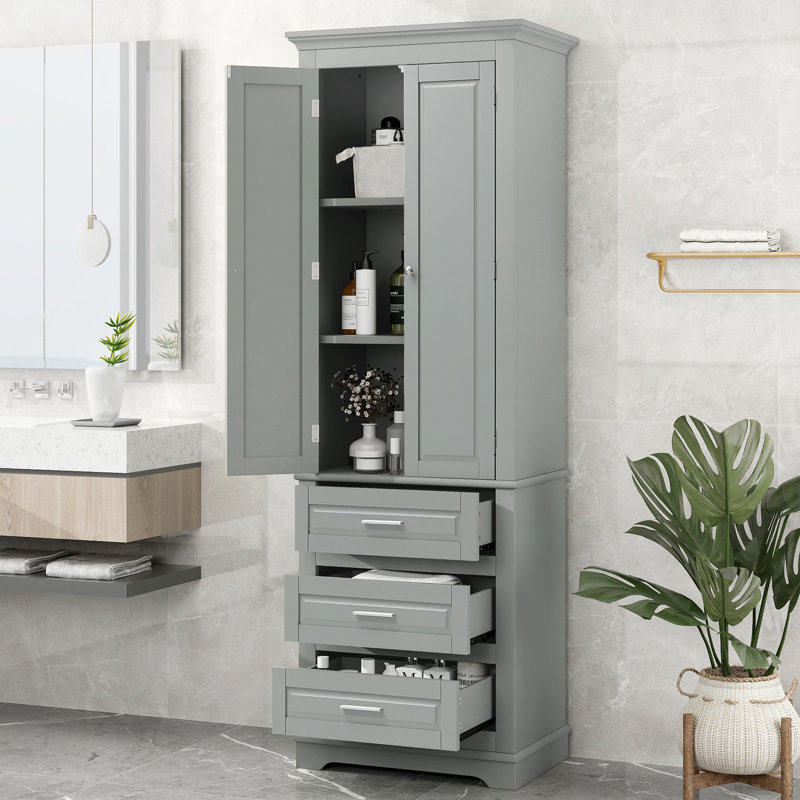 Tall Storage Cabinet With Three Drawers For Bathroom/Office, Gray