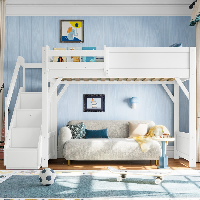 Twin Size Solid Wood Loft Bed with Built-in Wardrobe & Storage, Stairs, Bedside Shelves, Full-Length Guardrails, No Box Spring Needed, White